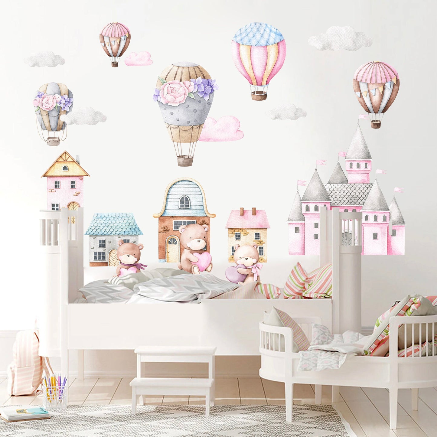 Watercolor Baby Bear in Castle with Pink Hot Air Floral Balloon Removable Wall Decal Sticker - BR099