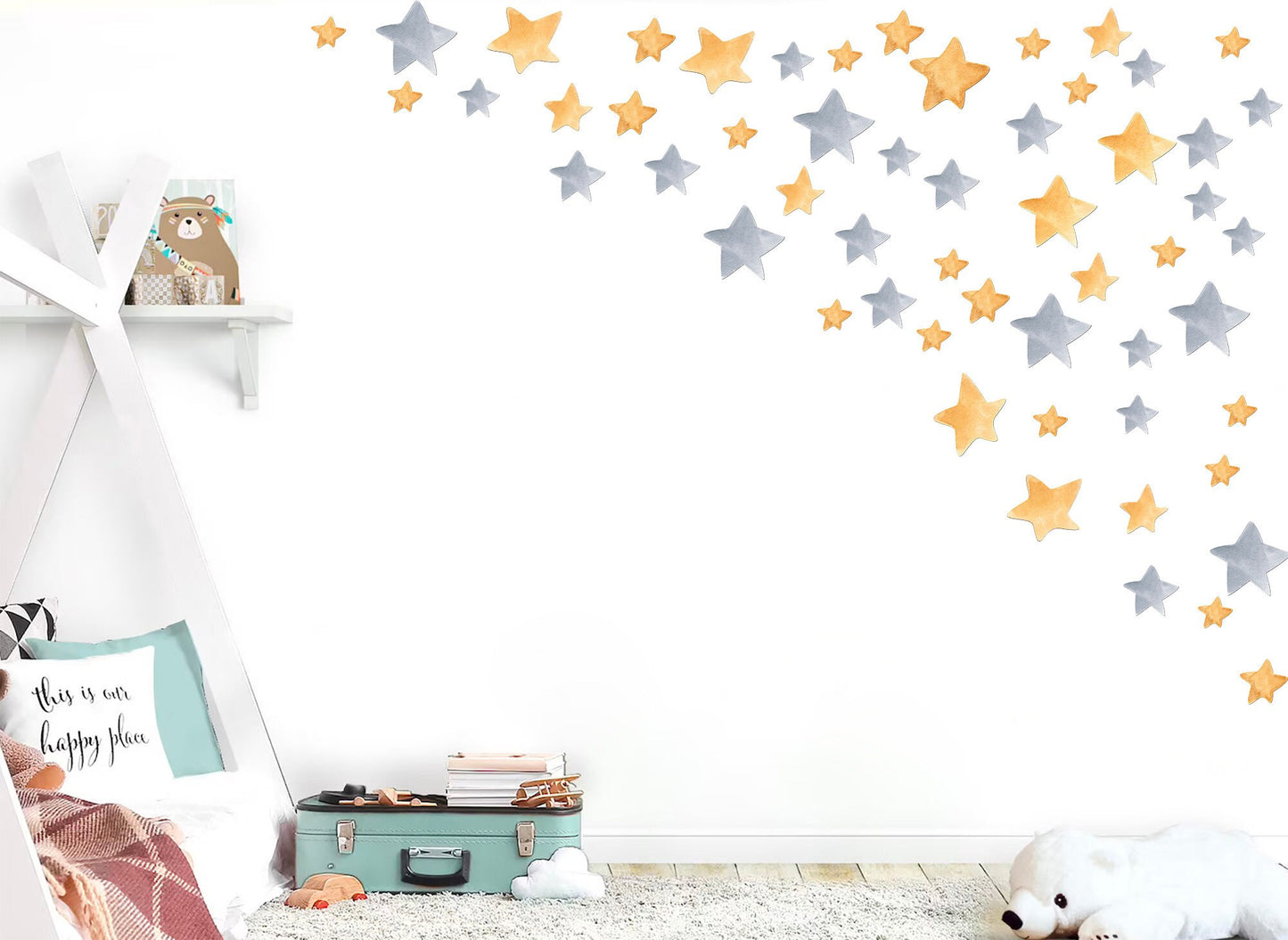 Watercolor Grey & Gold Starry Twinkling Stars Removable Wall Decal - BR123