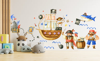 Pirate Ship Adventure Kids Wall Decal - Bird Monkey Shark Treasure Map - Peel and Stick - BR124