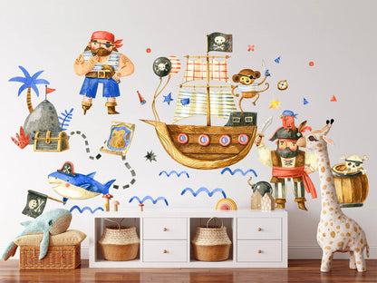 Pirate Ship Adventure Kids Wall Decal - Bird Monkey Shark Treasure Map - Peel and Stick - BR124