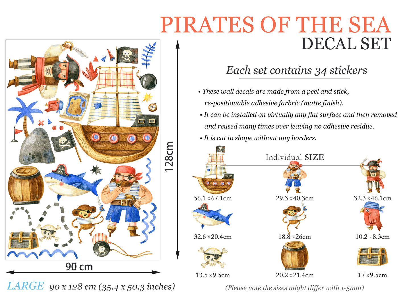 Pirate Ship Adventure Kids Wall Decal - Bird Monkey Shark Treasure Map - Peel and Stick - BR124