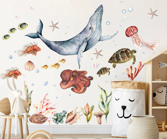 Enchanting Undersea Cartoon Wall Decal - Whale Jellyfish Octopu, Turtles Anemones - Watercolor Style for Kids Room  - BR100