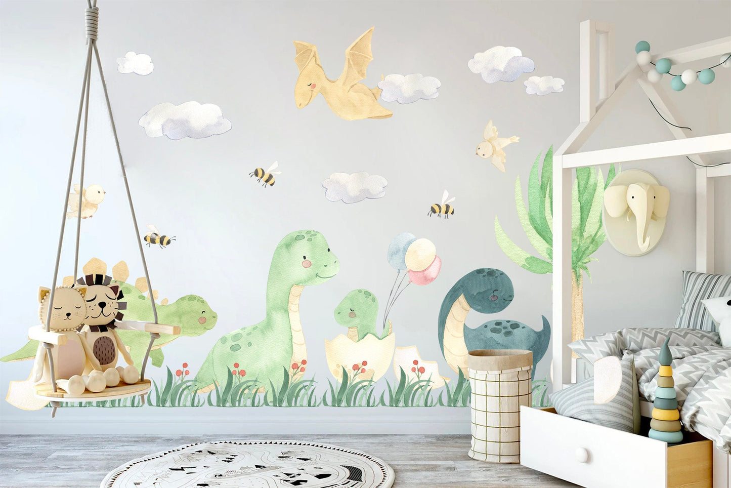 Watercolor Dinosaurs with Bee and Bird Jurassic Park Removable Wall Decal - Boy's Gift - BR127