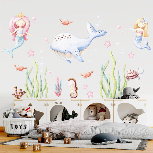 Undersea Wonderland Wall Decal - Whale Mermaid Seahorse and Seaweeds Playful Scene for Kids Room Decor - BR101