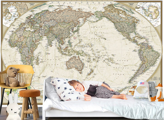 Vintage World Map Fabric Wallpaper Peel and Stick - Printed Wall Murals - Removable Wall Paper - WM002