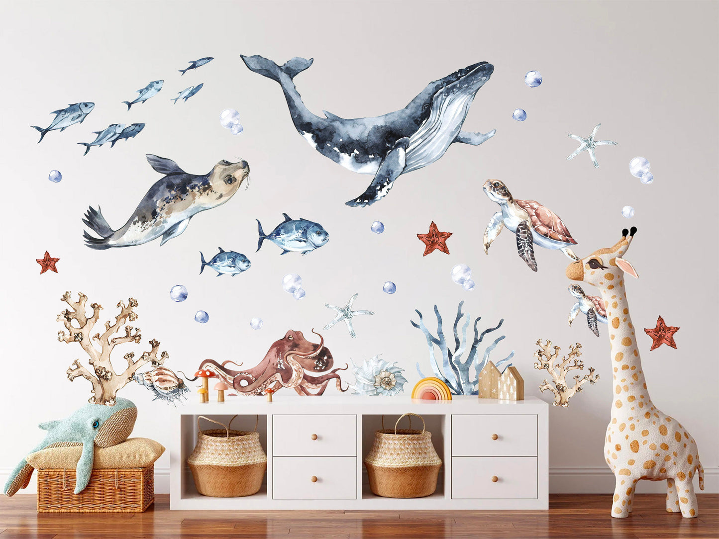 Ocean World Watercolor Wall Decal - Playful Marine Life Kids Room Decor - BR102
