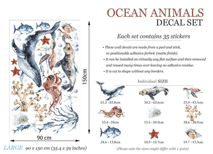 Ocean World Watercolor Wall Decal - Playful Marine Life Kids Room Decor - BR102