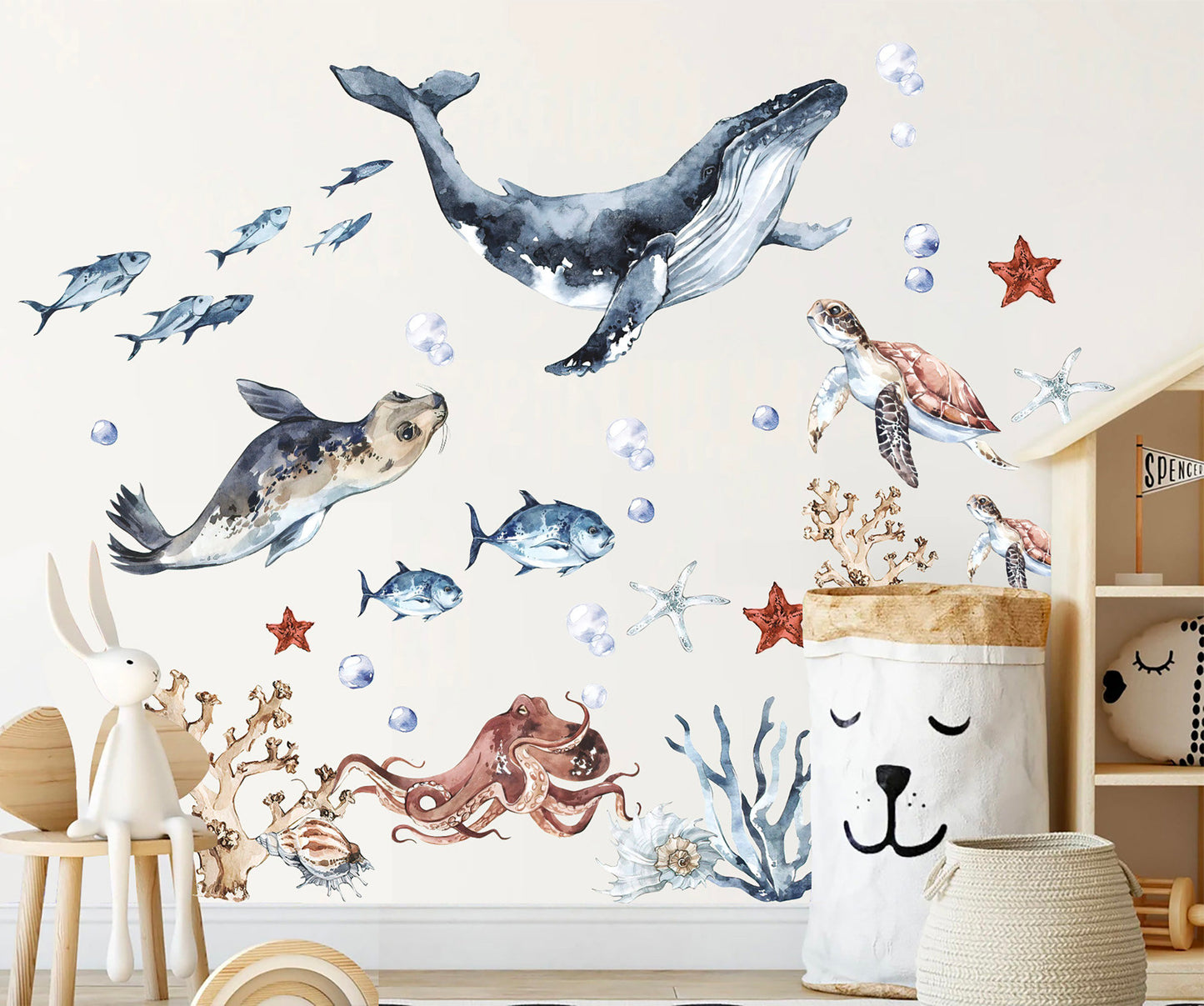 Ocean World Watercolor Wall Decal - Playful Marine Life Kids Room Decor - BR102