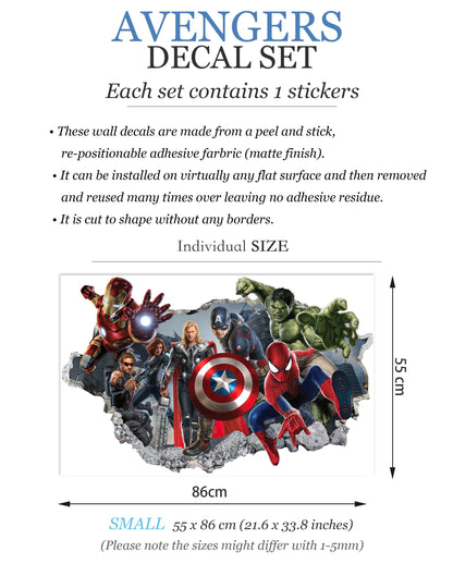 Avengers Hulk Spiderman Captain America 3D Smashed Wall Decal - BR104