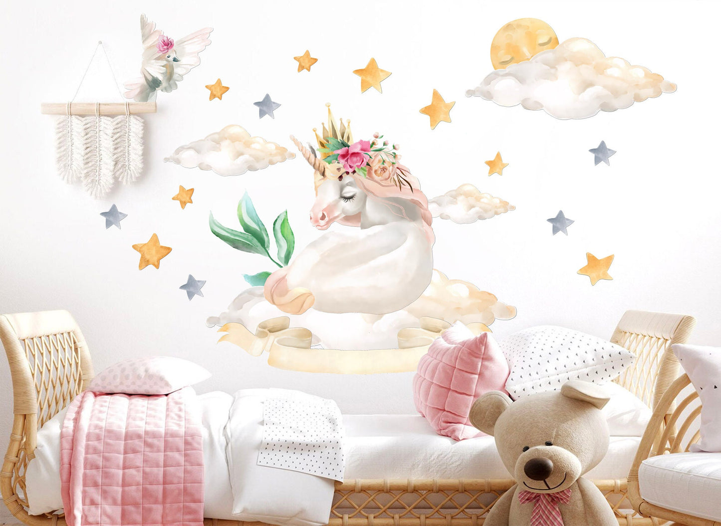 Slumbering Enchanted Unicorn on Cloud Wall Decal - Starry Sky Moon - Girl Room Decor - BR112