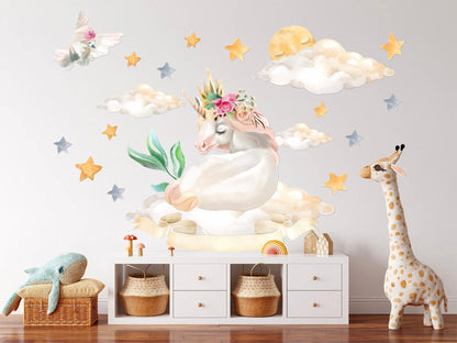 Slumbering Enchanted Unicorn on Cloud Wall Decal - Starry Sky Moon - Girl Room Decor - BR112