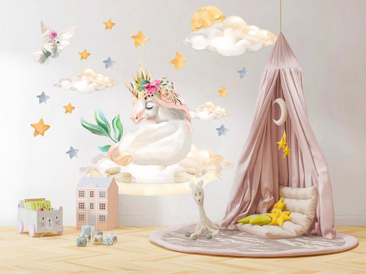 Slumbering Enchanted Unicorn on Cloud Wall Decal - Starry Sky Moon - Girl Room Decor - BR112