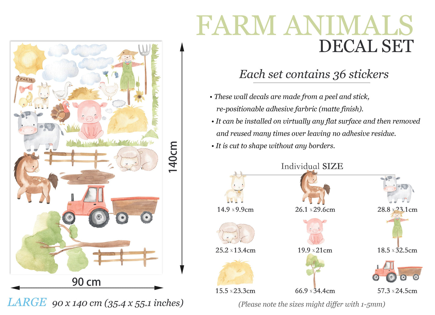 Farmyard Friends Nursery Wall Decal - Pig Scarecrow Cow Sheep Horse Tractor Removable - BR111