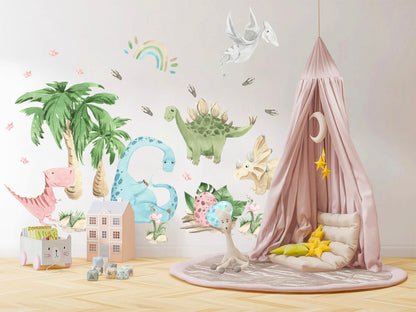 Baby Dinosaurs Resting by Palm Tree Dino Wall Decal - BR113