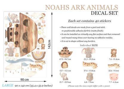 Noah's Ark Animal Jungle Safari Zoo Vintage Wall Decal - Elephant Giraffe Pig Monkey Lion Rainbow - BR118