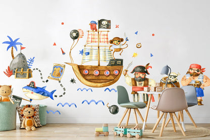 Pirate Ship Adventure Kids Wall Decal - Bird Monkey Shark Treasure Map - Peel and Stick - BR124