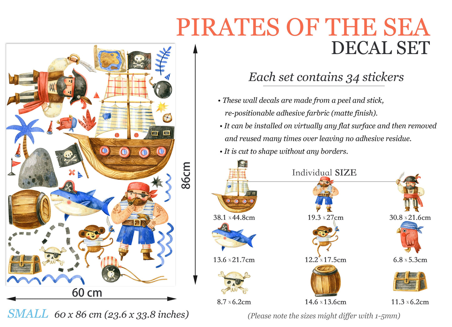 Pirate Ship Adventure Kids Wall Decal - Bird Monkey Shark Treasure Map - Peel and Stick - BR124