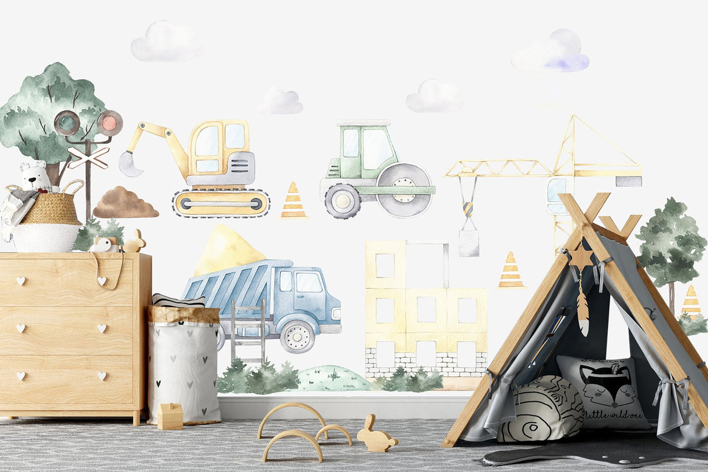 Country Style Construction Trucks Tractors Diggers Removable Wall Decal Boys Room Gift - BR097