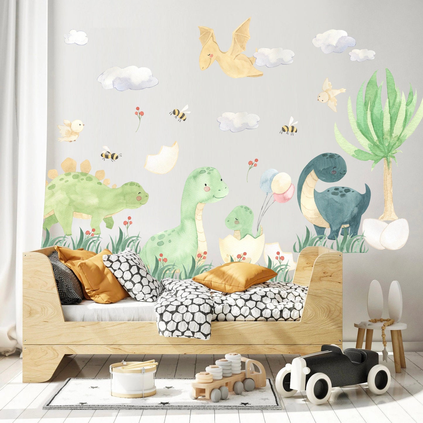 Watercolor Dinosaurs with Bee and Bird Jurassic Park Removable Wall Decal - Boy's Gift - BR127