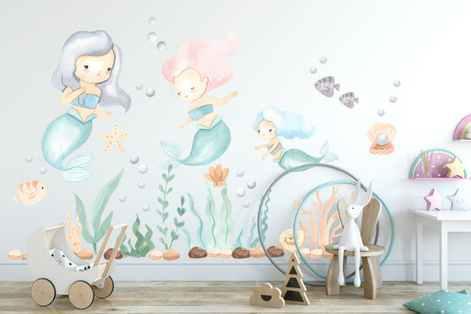 Enchanting Mermaid Trio Undersea Wall Decal - Removable Peel and Stick - BR130