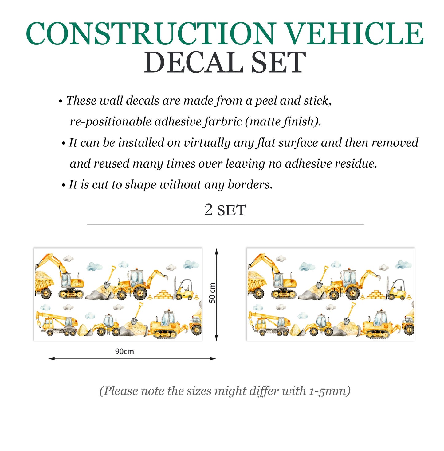 Earthmover Trilogy Truck Crane Excavator Construction Vehicle Removable Wall Decal Boy Room Decor - BR132