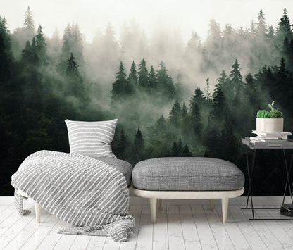 Foggy Forest Nature Mural Wood Fabric Wallpaper - Fresh Botanical Decoration - WM004