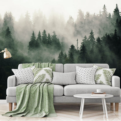 Foggy Forest Nature Mural Wood Fabric Wallpaper - Fresh Botanical Decoration - WM004