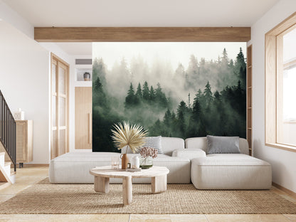 Foggy Forest Nature Mural Wood Fabric Wallpaper - Fresh Botanical Decoration - WM004