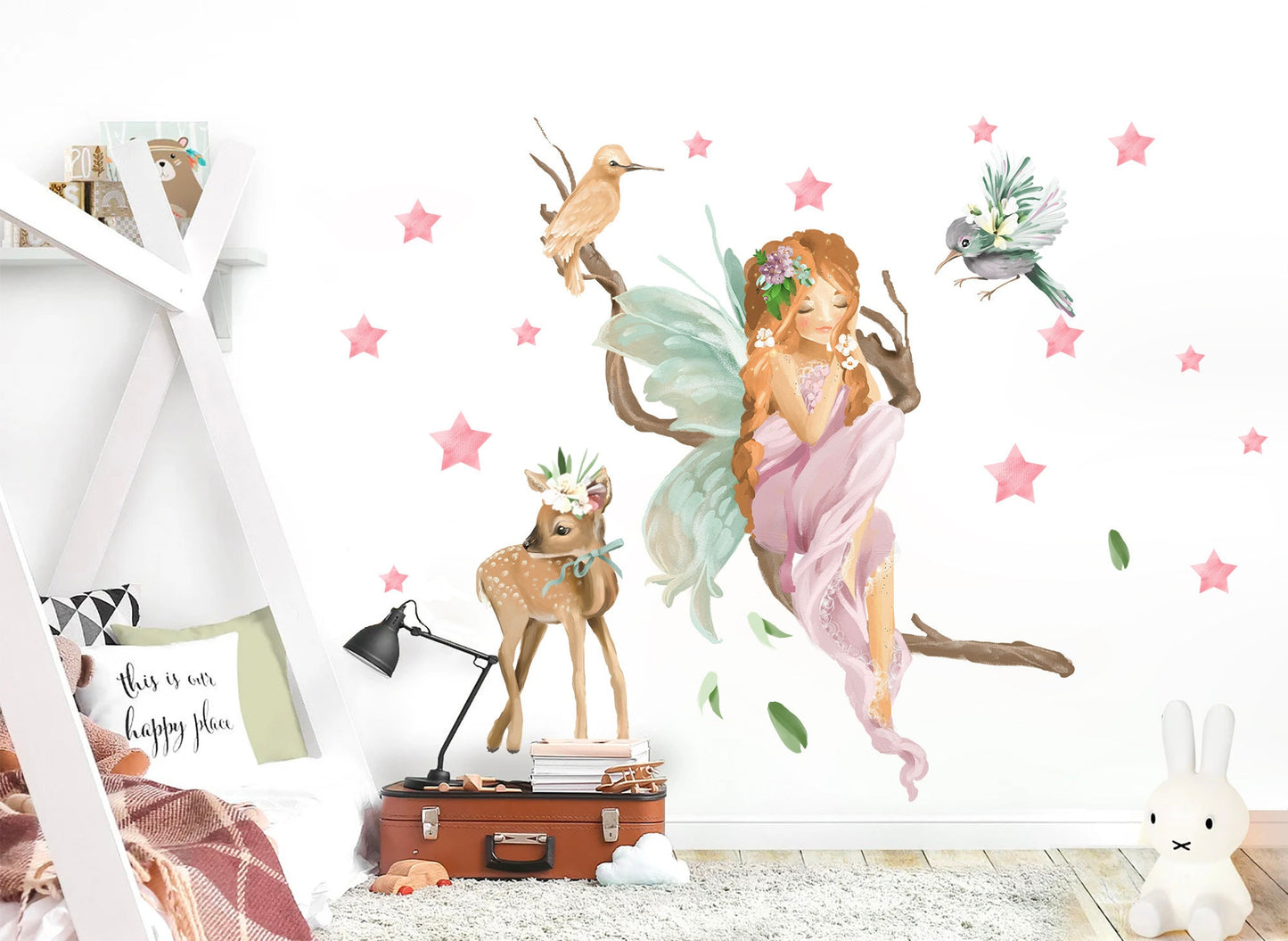 Enchanted Fairy with Deer and Stars Wall Decal - Girl Room Decor -BR133