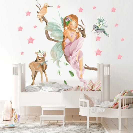 Enchanted Fairy with Deer and Stars Wall Decal - Girl Room Decor -BR133