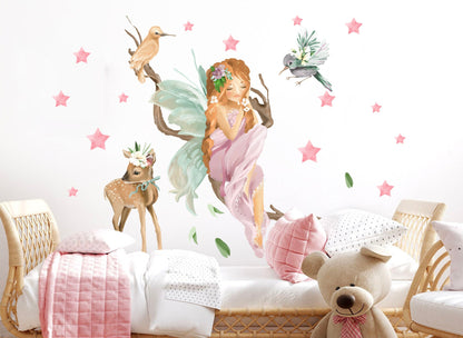 Enchanted Fairy with Deer and Stars Wall Decal - Girl Room Decor -BR133