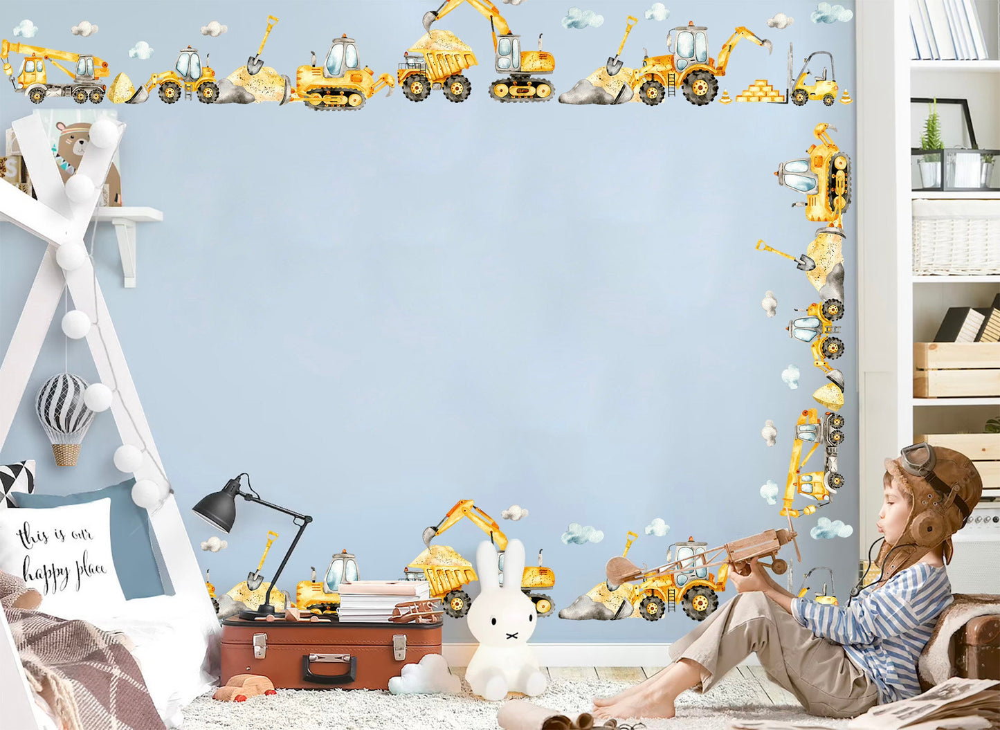 Earthmover Trilogy Truck Crane Excavator Construction Vehicle Removable Wall Decal Boy Room Decor - BR132