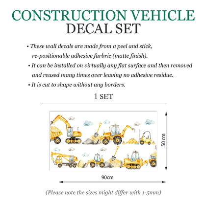 Earthmover Trilogy Truck Crane Excavator Construction Vehicle Removable Wall Decal Boy Room Decor - BR132