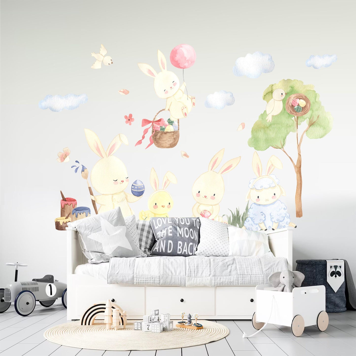 Watercolor Balloon Easter Bunny Celebration Happy Egg Wall Decal - BR140