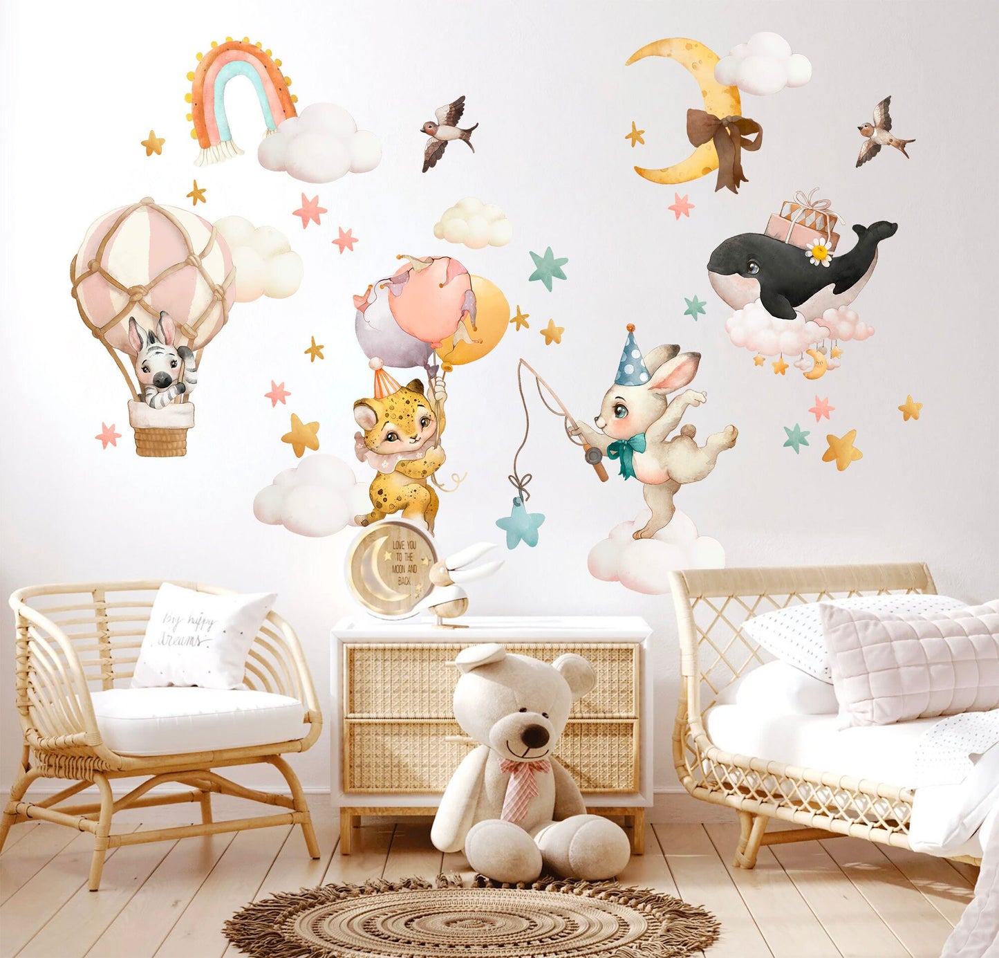 Baby Animals Riding Clouds and Hot Air Balloons into Starry Sky - Whale Zebra Leopard Rabbit Rainbow - Removable Wall Decal - BR143