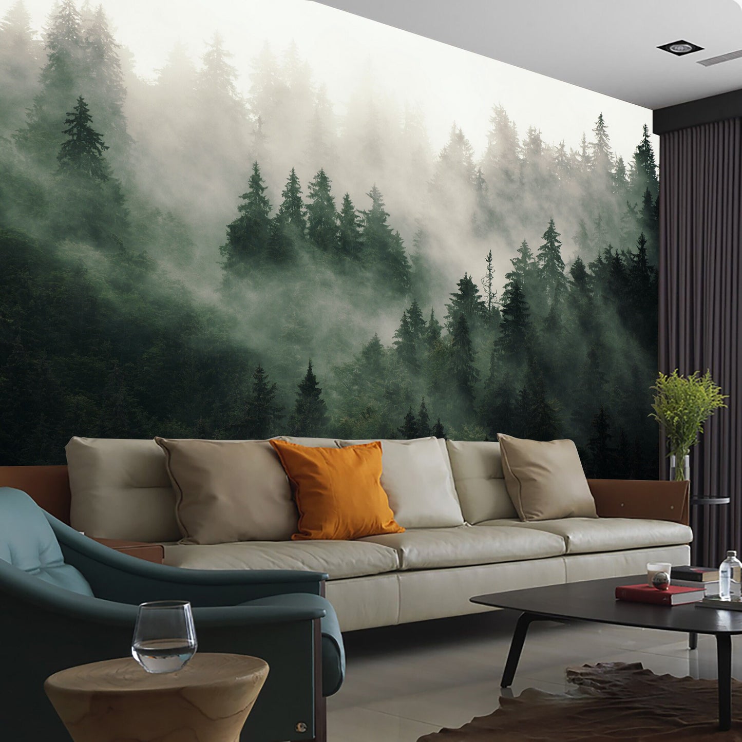Foggy Forest Nature Mural Wood Fabric Wallpaper - Fresh Botanical Decoration - WM004