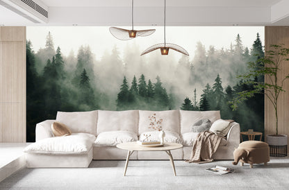 Foggy Forest Nature Mural Wood Fabric Wallpaper - Fresh Botanical Decoration - WM004