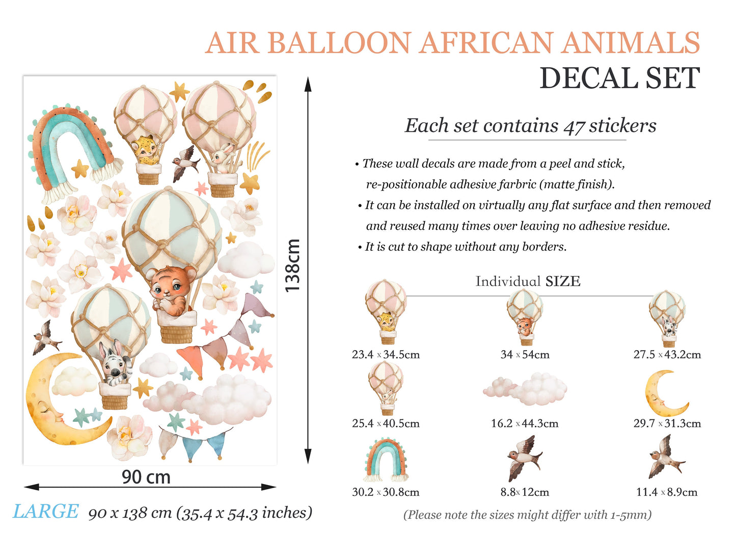 Baby Animals Soaring in Floral Hot Air Balloons Amid Rainbow Moonlit Sky Peel and Stick Wall Decal - BR144