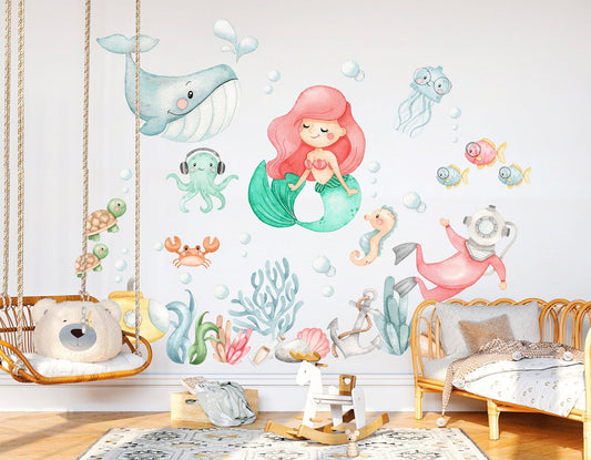Adventurous Mermaid Princess Underwater Wall Decal - playing with Whale Sea Horse Octopus - BR142