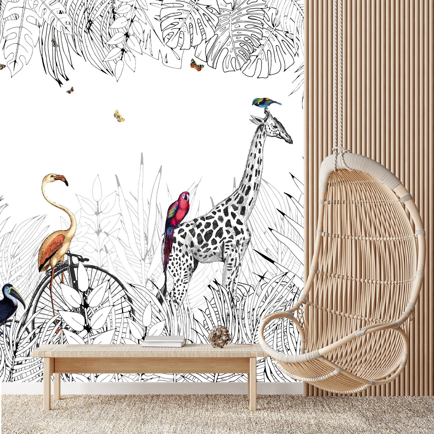 Black And White Line Tropical Forest Animal Elephant Giraffe Murals Fabric Wallpaper - WM007