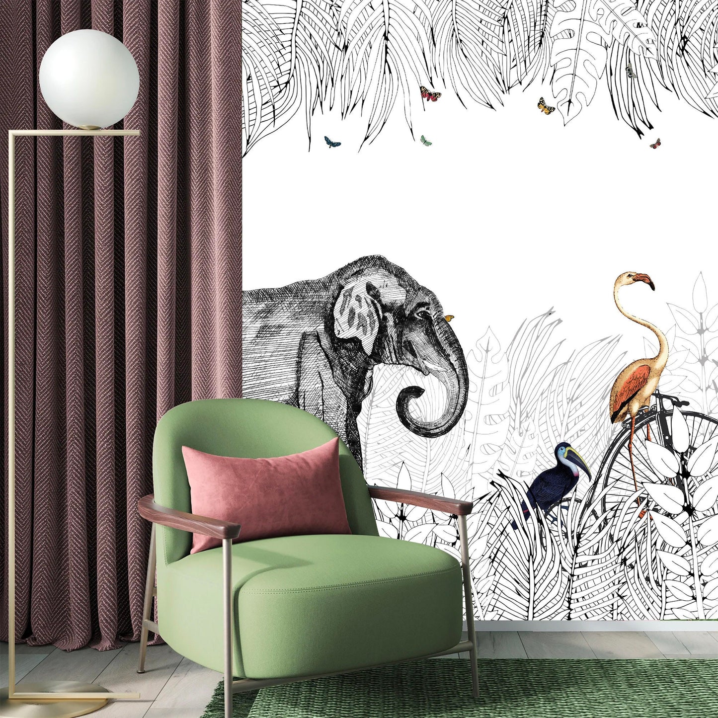 Black And White Line Tropical Forest Animal Elephant Giraffe Murals Fabric Wallpaper - WM007