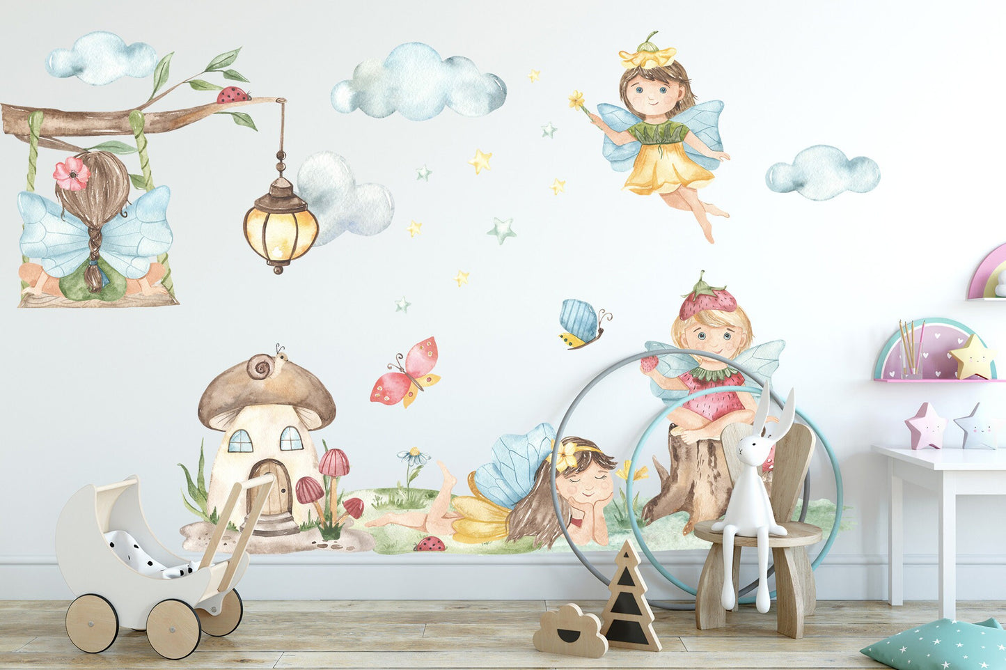 Enchanting Fairy Wall Decal with Butterfly Mushroom House Branch Lantern - Girl Room Decor - BR147