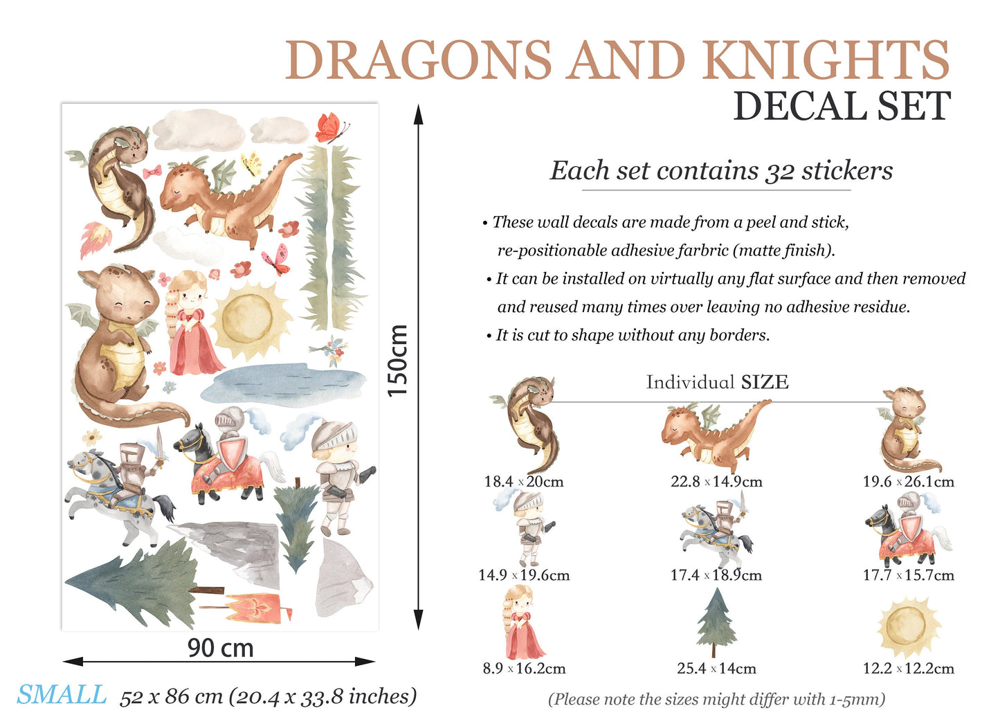 Watercolor Dragons And Knights Princess Removable Wall Decal - BR150