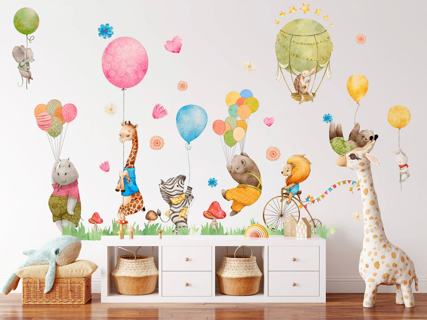 Animal Balloon Party Wall Decal - Giraffe, Hippo, Bear Playing in Meadow with Balloons - BR134