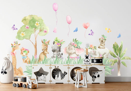 Jungle Baby Animals Wall Decal - Playful Floral Paradise - BR131