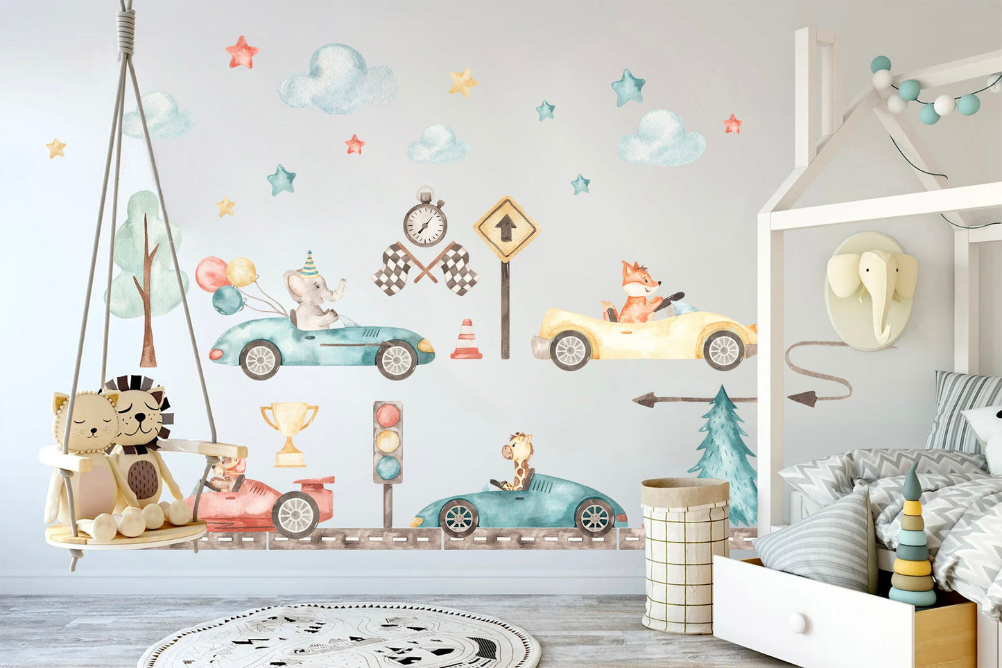 Baby Animals Racing Under Stars and Cloud with Balloons Removable Wall Decal - BR136