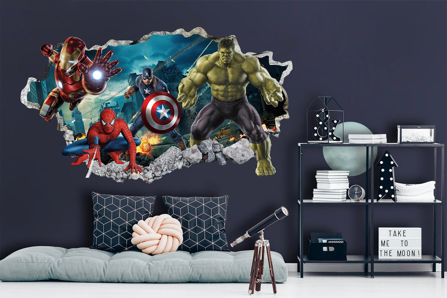 Avengers Hulk Spiderman Iron Man Captain America Superheroes coming out 3D Smashed Wall Decal - BR157