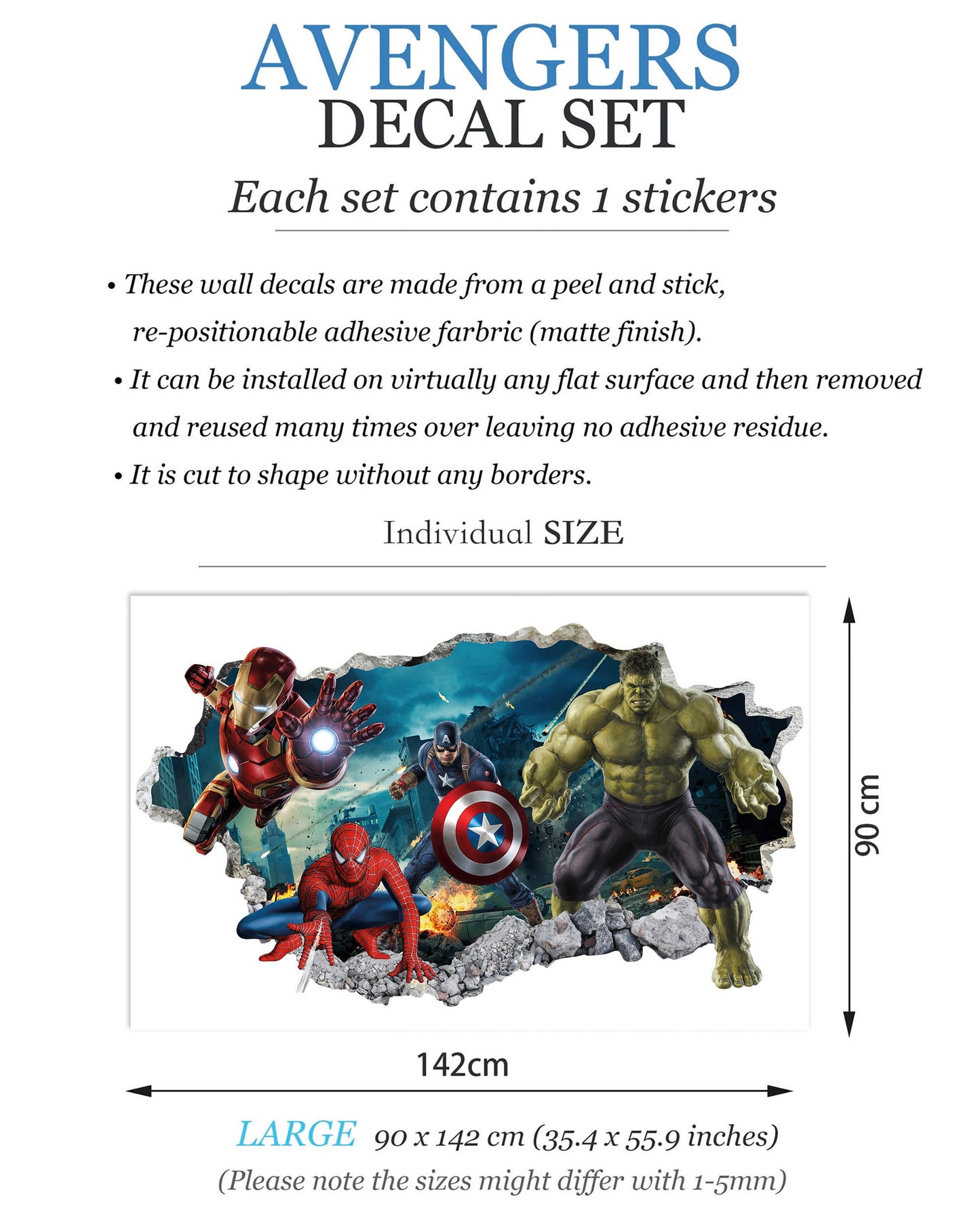 Avengers Hulk Spiderman Iron Man Captain America Superheroes coming out 3D Smashed Wall Decal - BR157