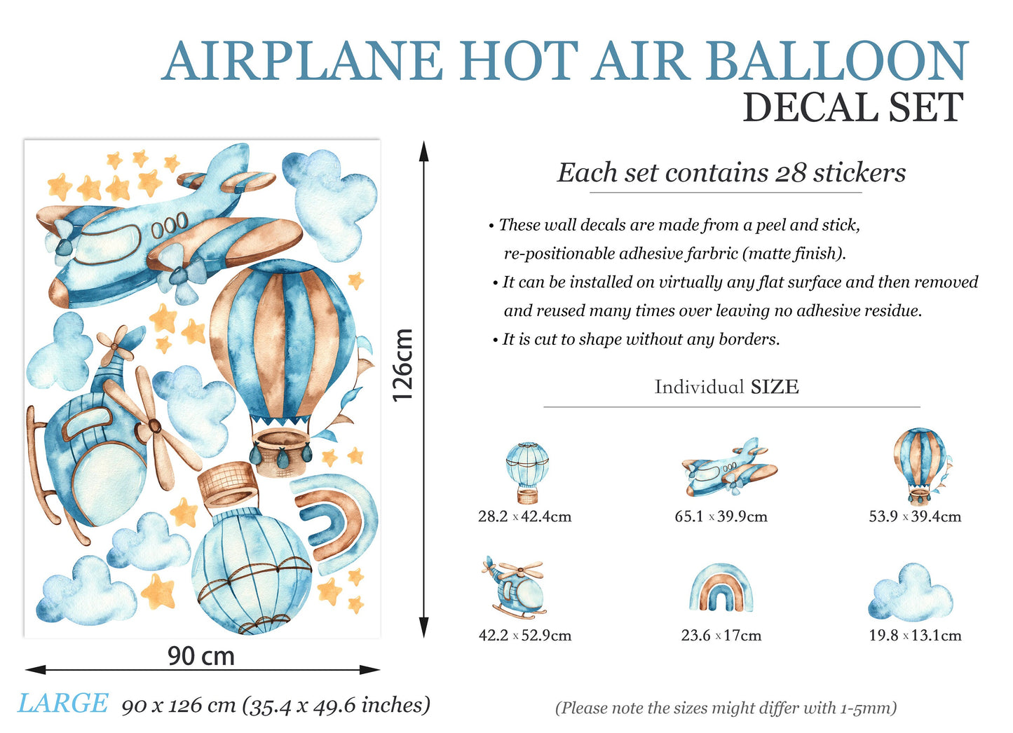 Blue Hot air balloon airplane helicopter Wall Decal - Boys Room Gift - BR139