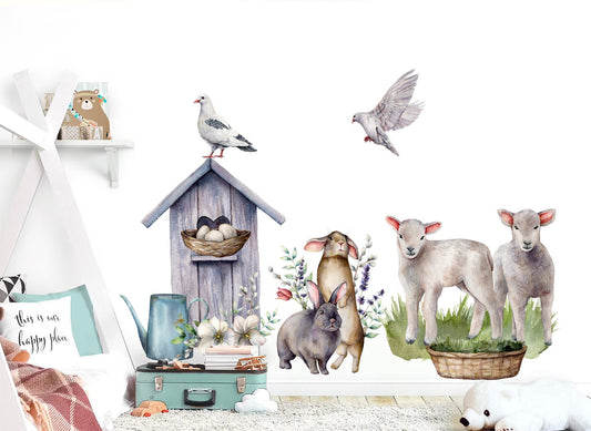 Watercolor Farm Friends Rabbit Pigeon Goat Removable Wall Decal - BR141